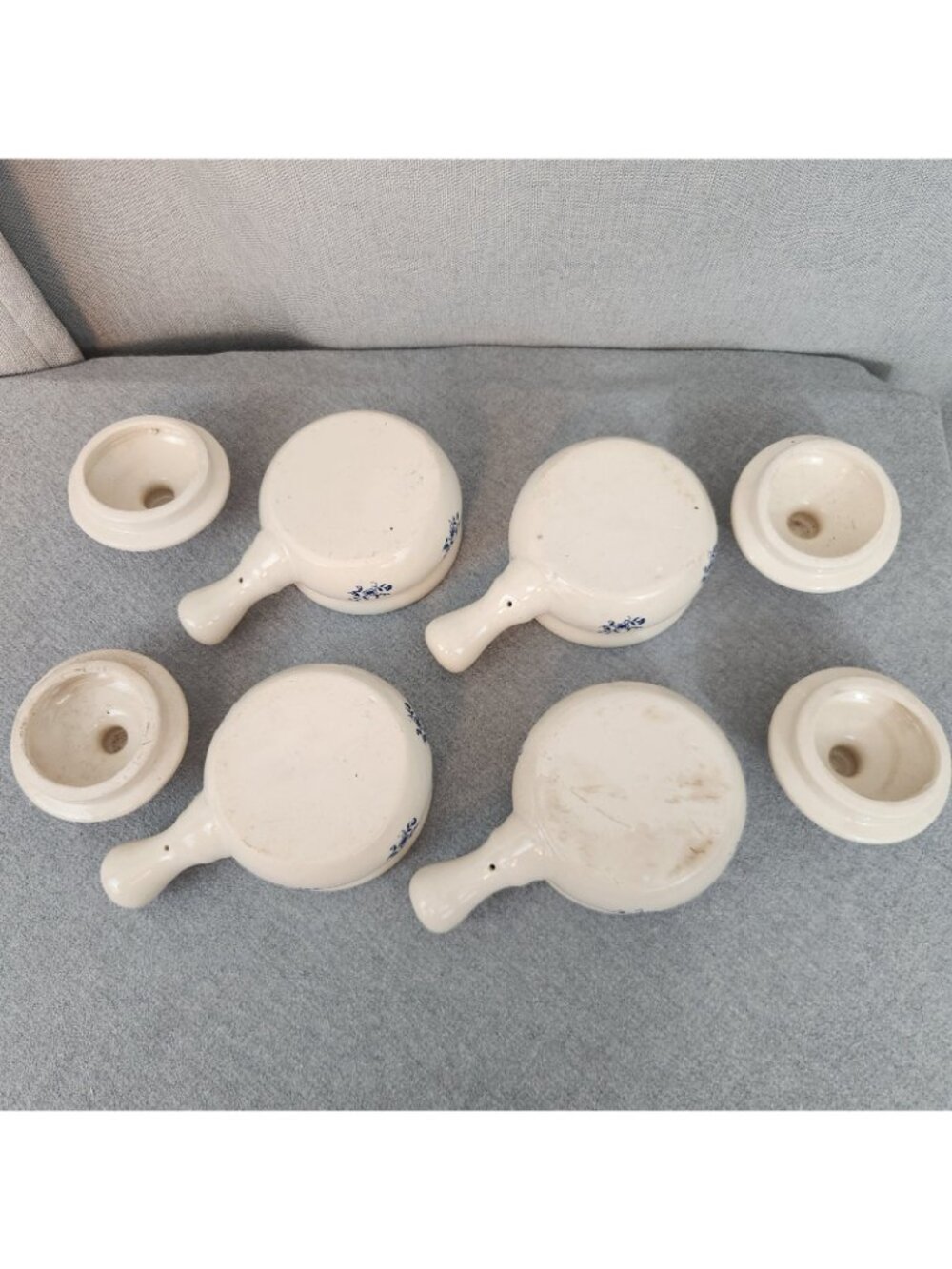 Vintage Glazed Stoneware Lot 4 Handle Crocks Beige Blue Floral French Onion USED - Picture 9 of 9
